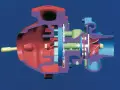 Sezione di un motore turbo, con turbina e compressore colorati in modo vivace.