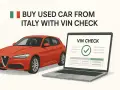 Auto rossa italiana accanto a un laptop che mostra un controllo VIN positivo.