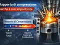 Il rapporto di compressione motore diesel è fondamentale. L'immagine mostra un pistone in fase di combustione, con fiamme vive, e un grafico che illustra i volumi e i rapporti.