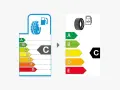 Etichettatura pneumatici: confronto tra vecchie e nuove classi di efficienza energetica, con il pneumatico che passa dalla classe C a una nuova classe C.