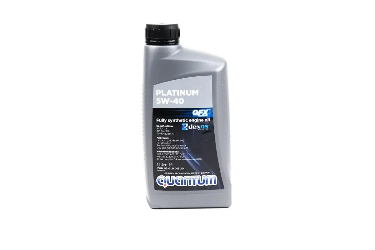 Flacone di olio motore sintetico Quantum Platinum 5W-40, ideale per motori che richiedono specifiche ACEA C3, API SN/SM, Porsche A40 e VW 502 00/505 01.