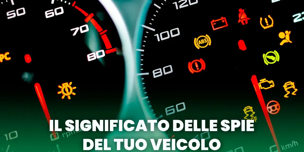 Cruscotto con spie rosse accese, tra cui batteria, ABS e controllo stabilità. Il testo indica "Il significato delle spie del tuo veicolo".