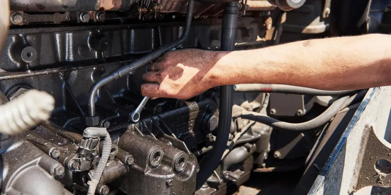 Mano con chiave inglese lavora su un motore sporco d'olio, forse per riparare cos'è l'alternatore.