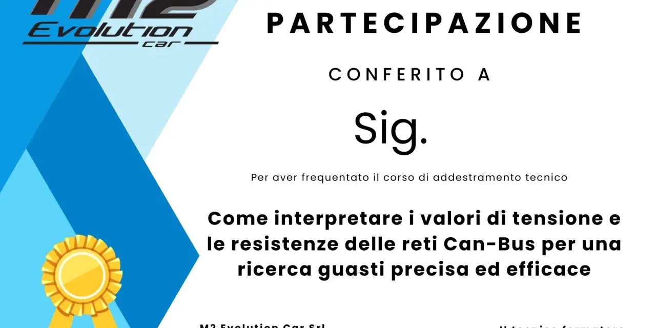 Attestato di partecipazione per corso tecnico su come interpretare i valori della linea can bus per ricerca guasti auto.