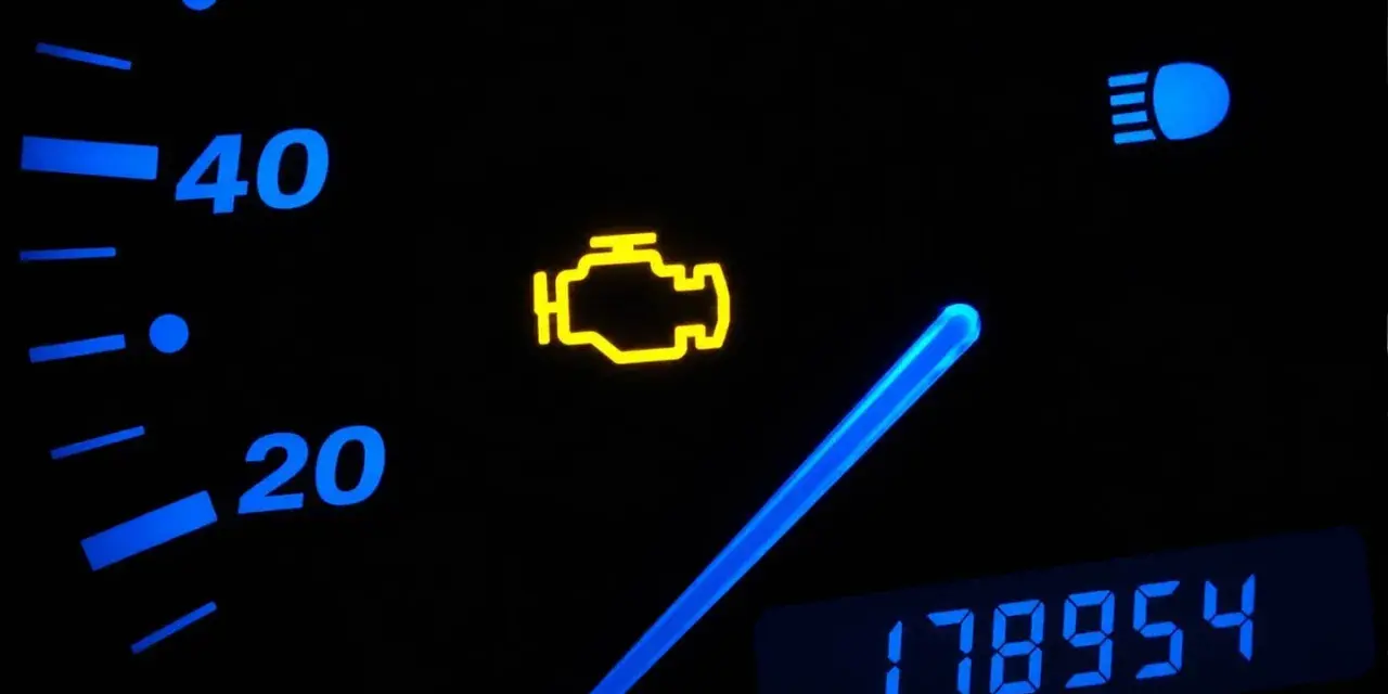 Cruscotto auto con spia motore accesa, indicatore di velocità e chilometraggio.