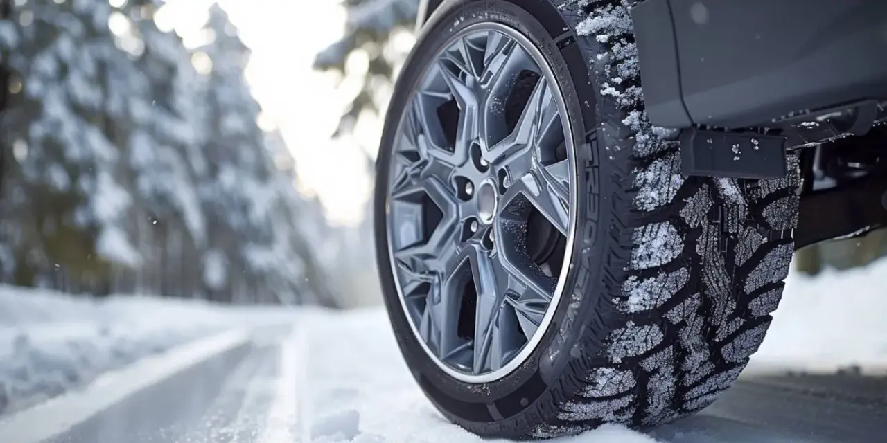 Pneumatici invernali per auto elettriche su strada innevata, con cerchio in lega e battistrada coperto di neve.