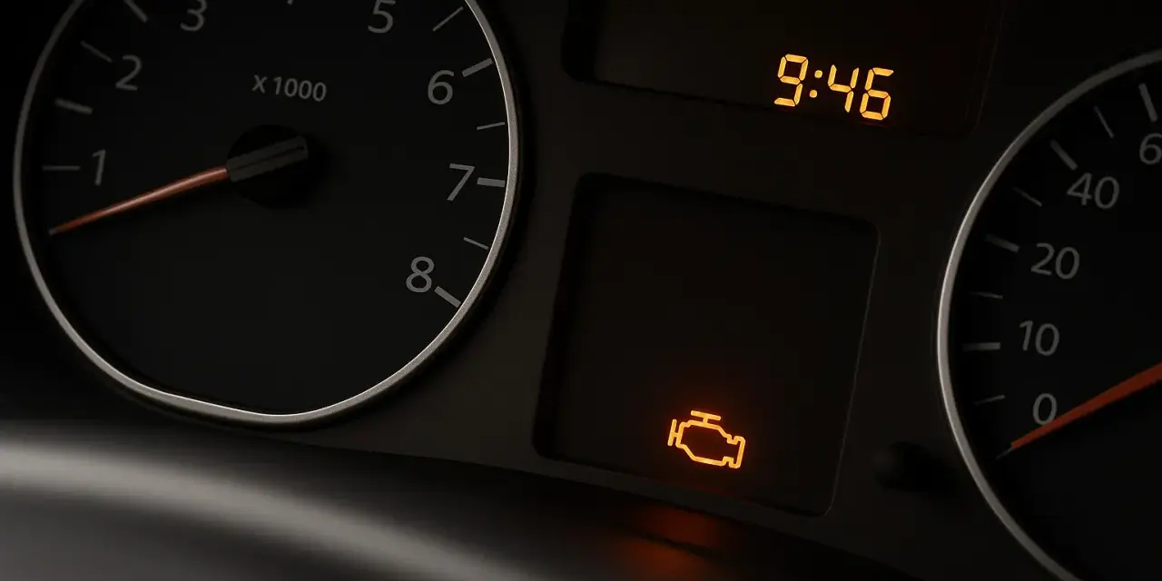 Cruscotto auto con spia centralina accesa, indicando un problema al motore. L'ora è 9:46.