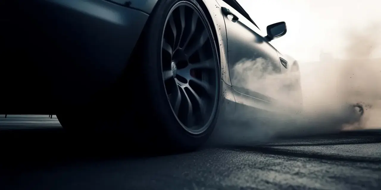 Auto in derapata, fumo denso dagli pneumatici che stridono sull'asfalto. La rumorosità pneumatici è assordante.