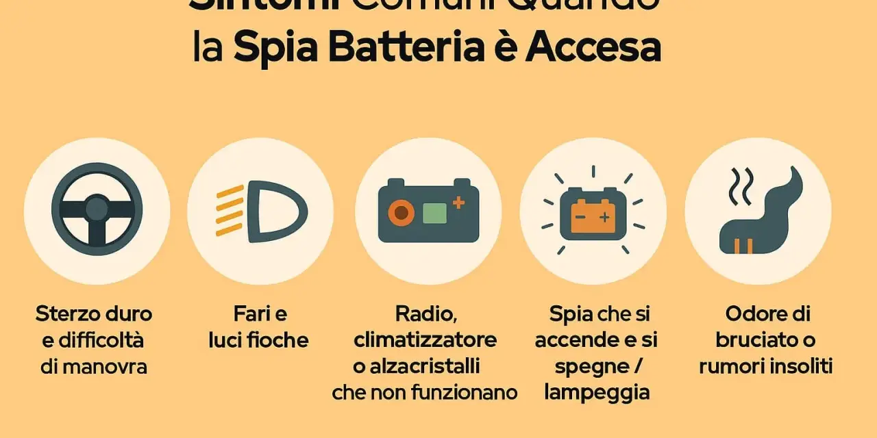 Sintomi comuni con spia batteria accesa: sterzo duro, luci fioche, radio/clima non funzionanti, spia che lampeggia, odore di bruciato.