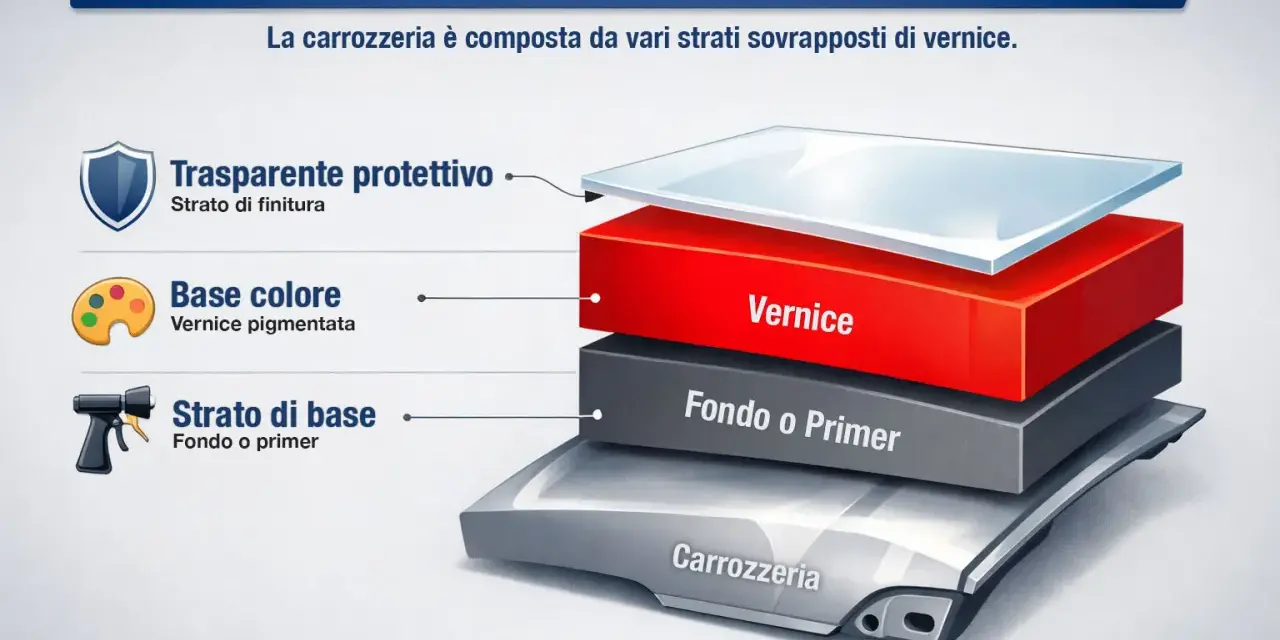 Strati di verniciatura auto: primer, colore e trasparente protettivo. La domanda "dopo quanto tempo si applica il trasparente sulla vernice" è centrale per una finitura perfetta.
