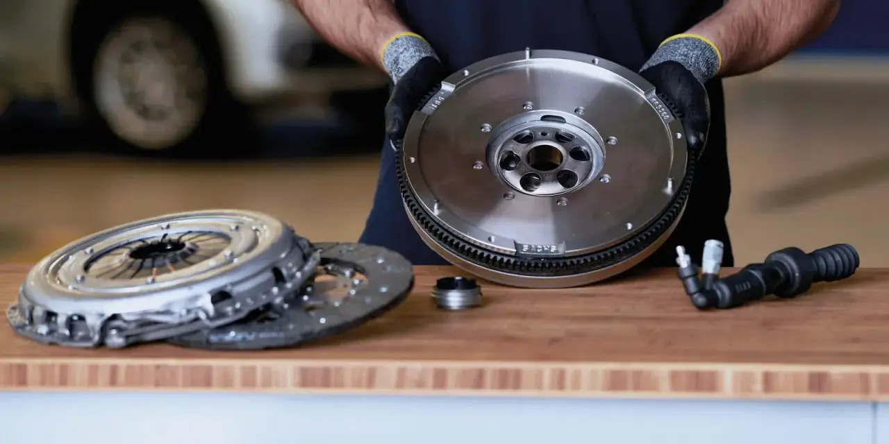 Meccanico mostra un volano auto nuovo, pronto per essere installato. Accanto, un kit frizione e un attrezzo.