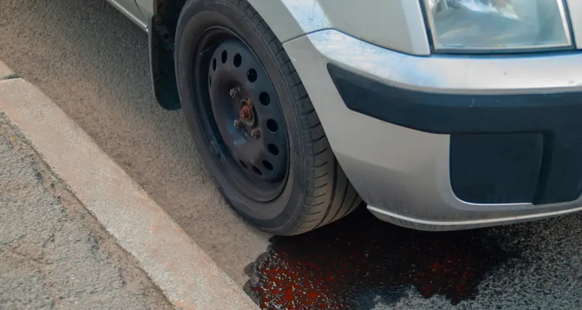 Un'auto perde liquido rosso da ferma, formando una pozza sull'asfalto vicino al marciapiede.