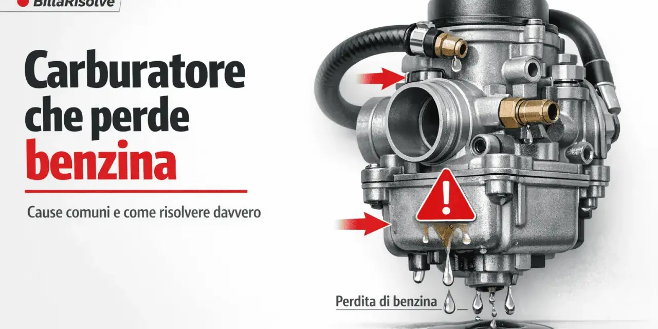 Carburatore che perde benzina, un problema comune che incide su quanto costa rifare un motore benzina. Le frecce indicano le perdite.