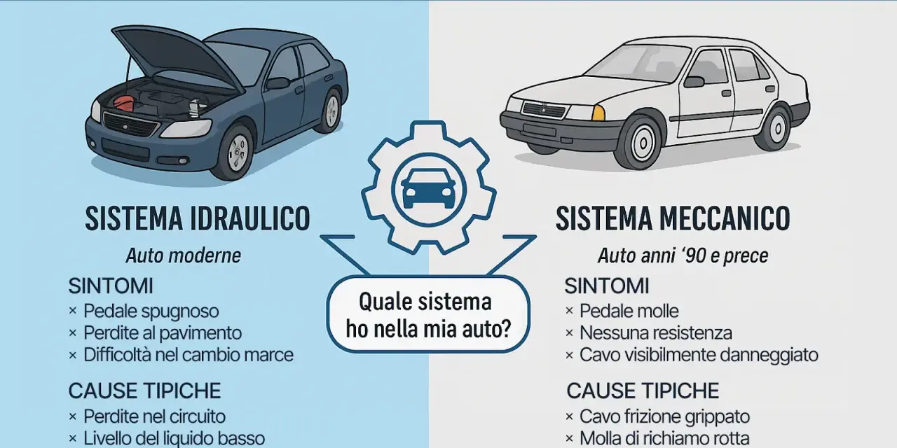 Illustrazione che confronta sistemi frizione idraulici e meccanici, con un pedale frizione abbassato come sintomo.