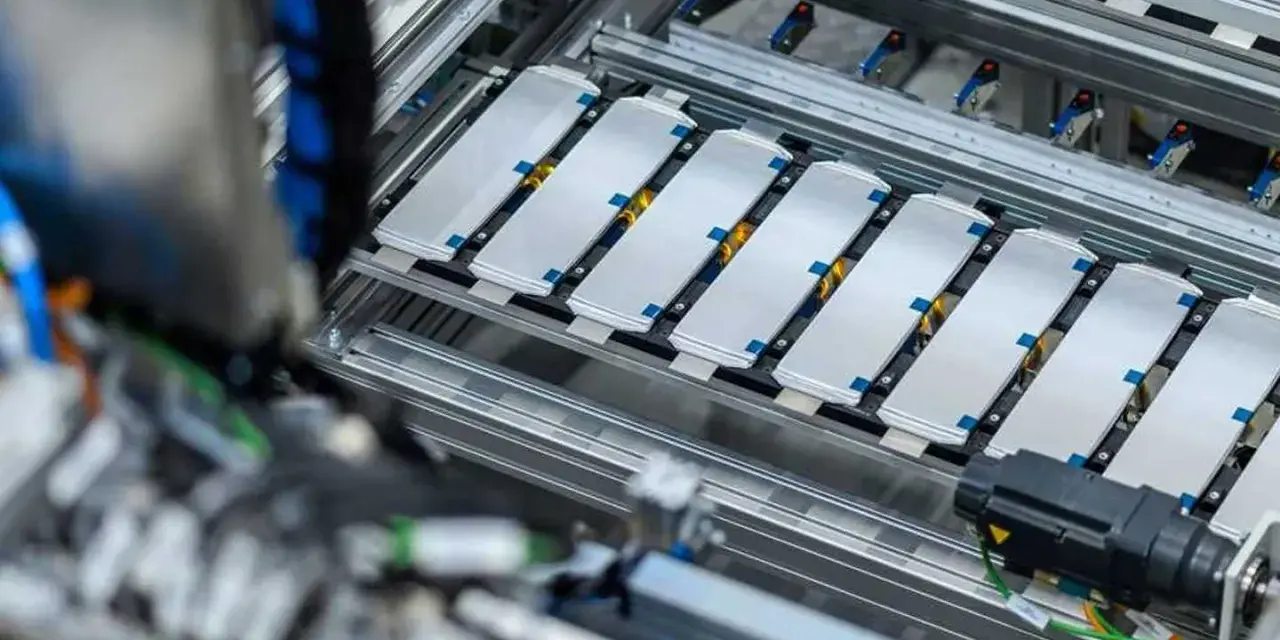 Linea di produzione per lo smaltimento batterie auto elettriche. Moduli batteria disposti su un nastro trasportatore.