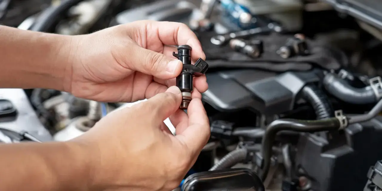 Mani che tengono un iniettore auto, componente essenziale per il funzionamento del motore.
