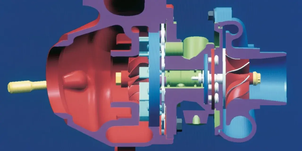 Sezione di un motore turbo, con turbina e compressore colorati in modo vivace.