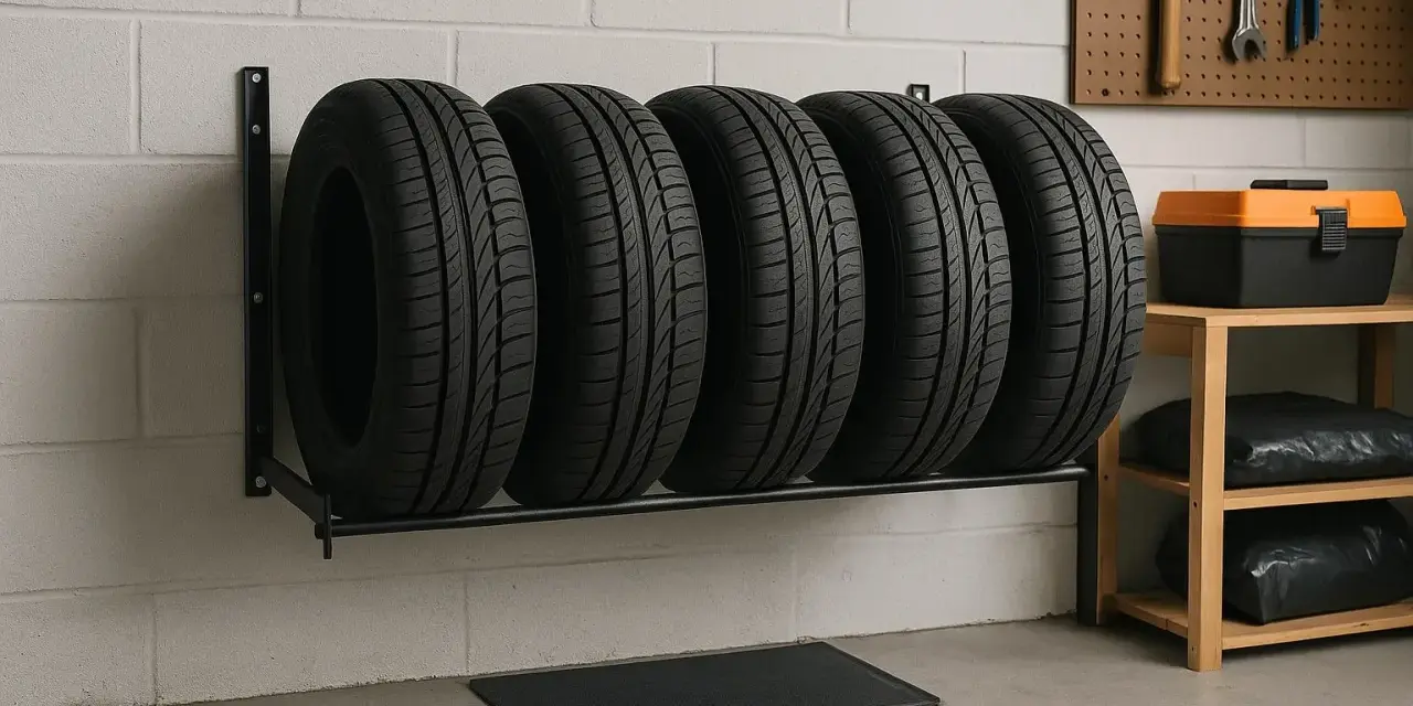 Cinque gomme per auto su un supporto a muro, un modo pratico per sapere come tenere le gomme in garage.