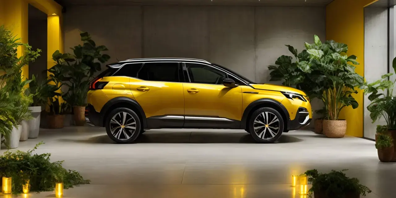 Peugeot 3008 giallo brillante, un'auto che cattura l'attenzione. Il suo codice colore evoca energia e stile, circondata da piante verdi in un ambiente moderno.