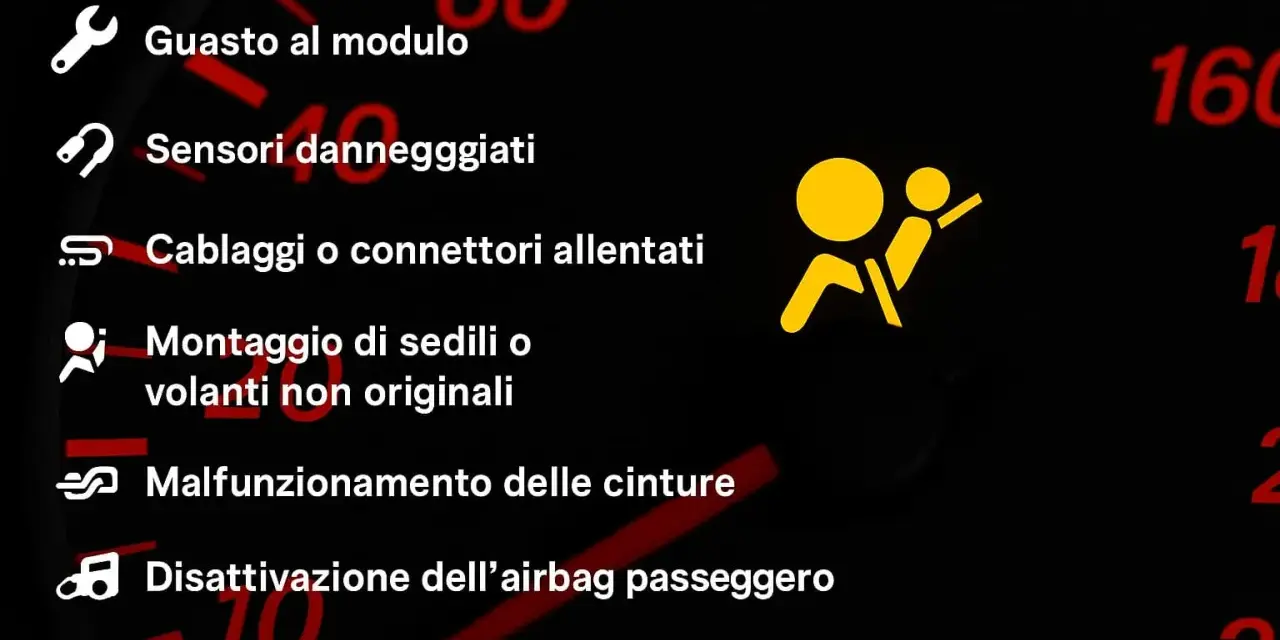 Spia airbag accesa: possibili cause come guasti, sensori o cablaggi danneggiati, o disattivazione airbag passeggero.