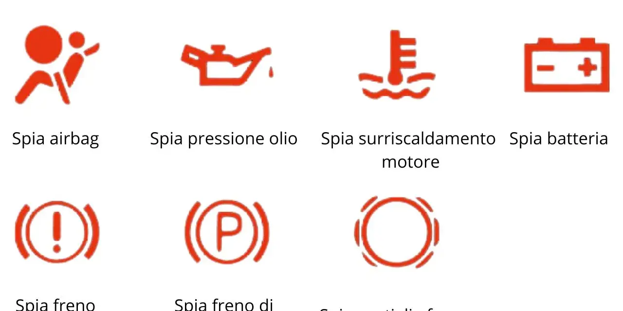 Spia freno con punto esclamativo rosso, indica un problema ai freni. Altre spie rosse urgenti: airbag, olio, motore surriscaldato, batteria.