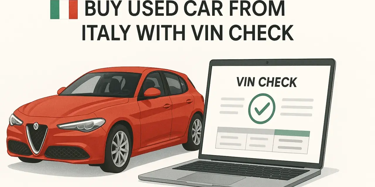 Auto rossa italiana accanto a un laptop che mostra un controllo VIN positivo.