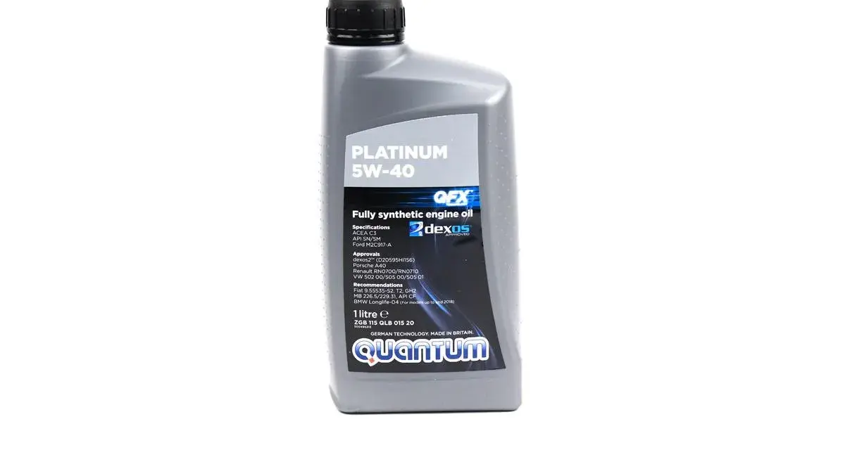 Flacone di olio motore sintetico Quantum Platinum 5W-40, ideale per motori che richiedono specifiche ACEA C3, API SN/SM, Porsche A40 e VW 502 00/505 01.