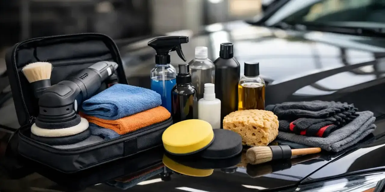 Kit per la carteggiatura auto: lucidatrice, tamponi, spazzole, panni in microfibra e flaconi di prodotti per la cura dell'auto.