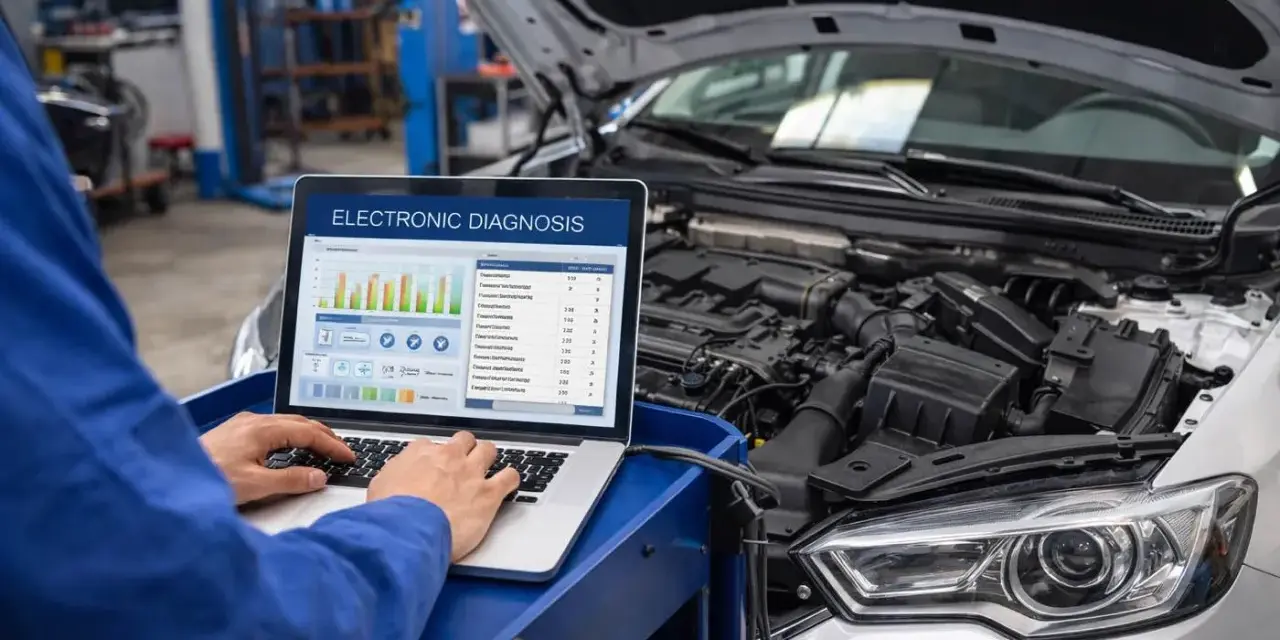 Meccanico esegue diagnosi centralina auto con laptop. Il computer mostra grafici e dati tecnici.