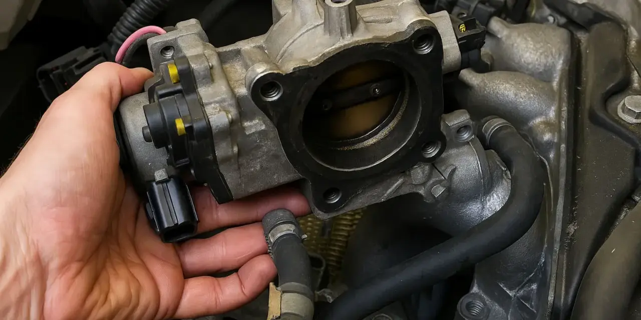 Mano che installa un corpo farfallato su un motore.