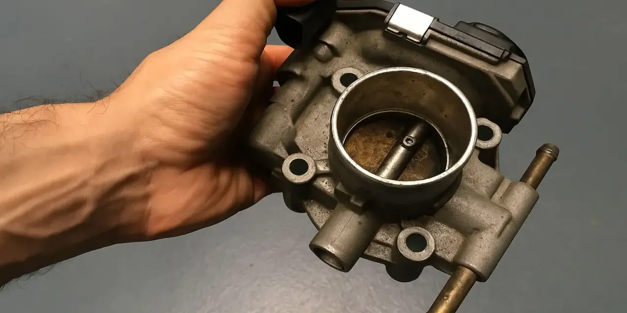Mano che tiene una valvola a farfalla motore benzina, componente essenziale per il controllo del flusso d'aria.