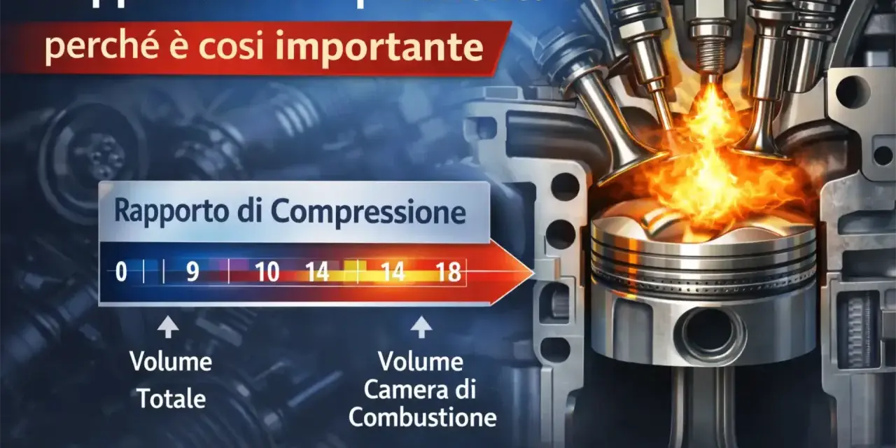 Il rapporto di compressione motore diesel è fondamentale. L'immagine mostra un pistone in fase di combustione, con fiamme vive, e un grafico che illustra i volumi e i rapporti.