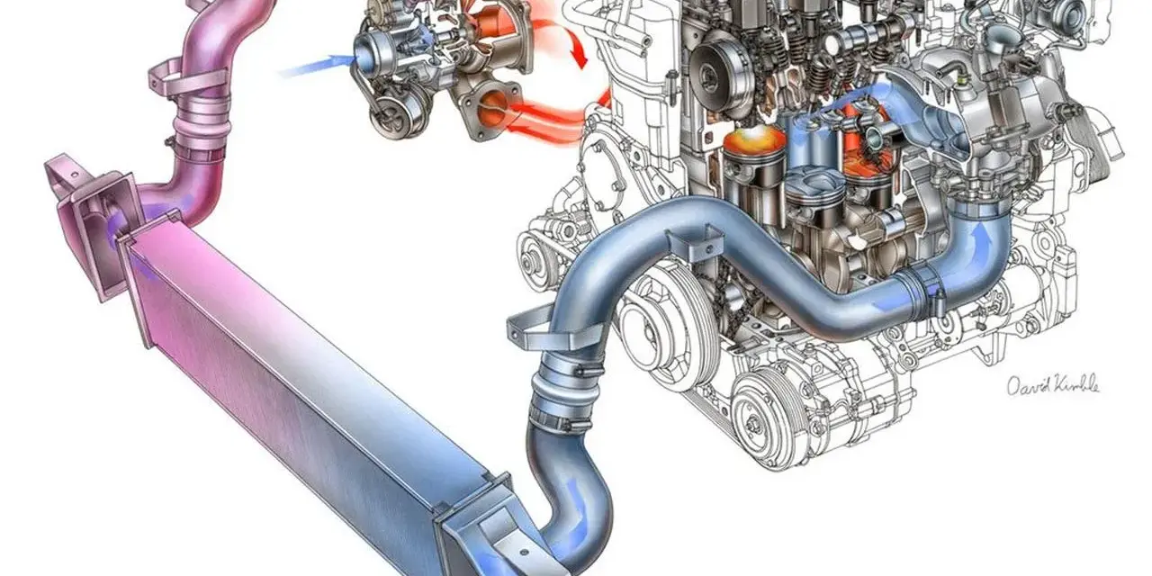 Schema di un motore con turbocompressore e intercooler. Il flusso d'aria, evidenziato da frecce, mostra il funzionamento dei **motori sovralimentati**.