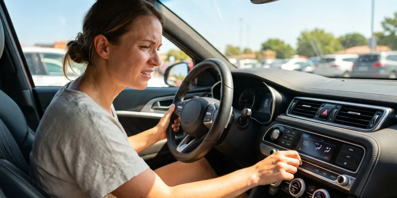 Donna frustrata al volante, tenta di regolare il climatizzatore. L'aria condizionata dell'auto non funziona, che caldo!