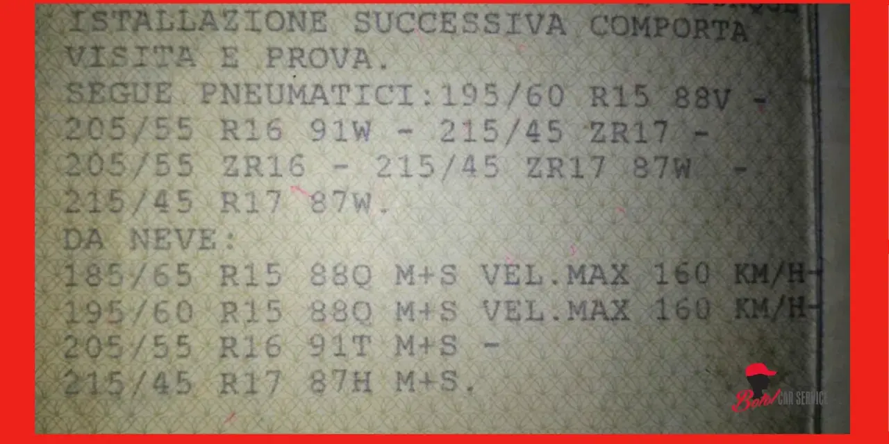 Documento con misure pneumatici estivi e invernali. L'obbligo gomme estive è rispettato con le misure indicate.