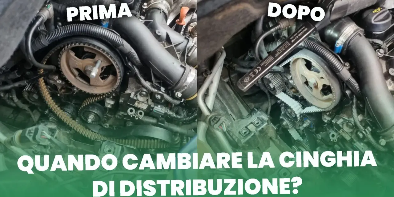 Motore auto con cinghia di distribuzione prima e dopo la sostituzione. La cinghia di distribuzione è fondamentale per il corretto funzionamento del motore.