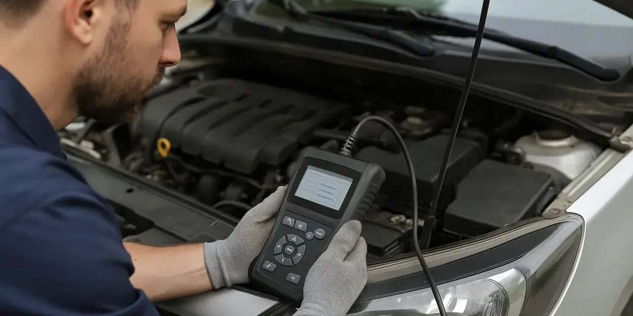 Meccanico con guanti grigi controlla con uno scanner diagnostico perché la centralina auto non parte.