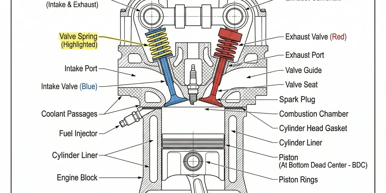 Sezione trasversale di un motore auto, che illustra i componenti chiave come pistone, valvole, candela e iniezione carburante.