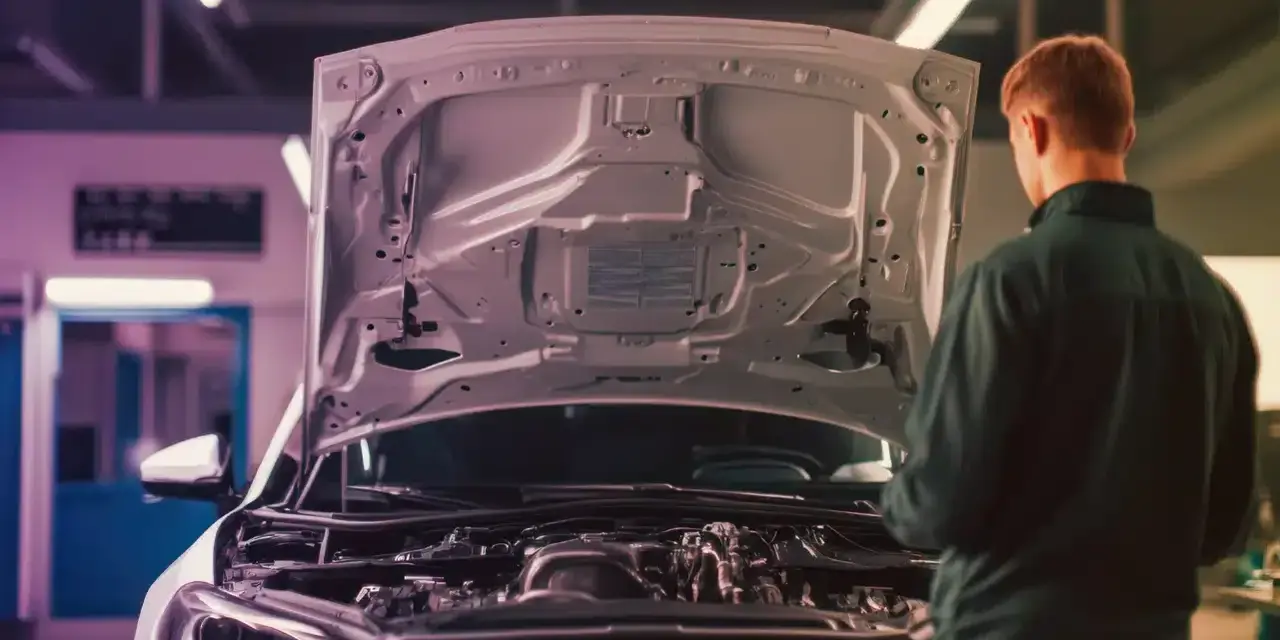 Meccanico esamina il motore turbo aspirato di un'auto con il cofano aperto in officina.