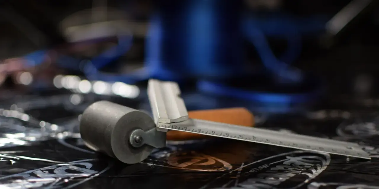 Rullo e righello pronti per l'insonorizzazione auto. Materiale isolante nero con grafiche.