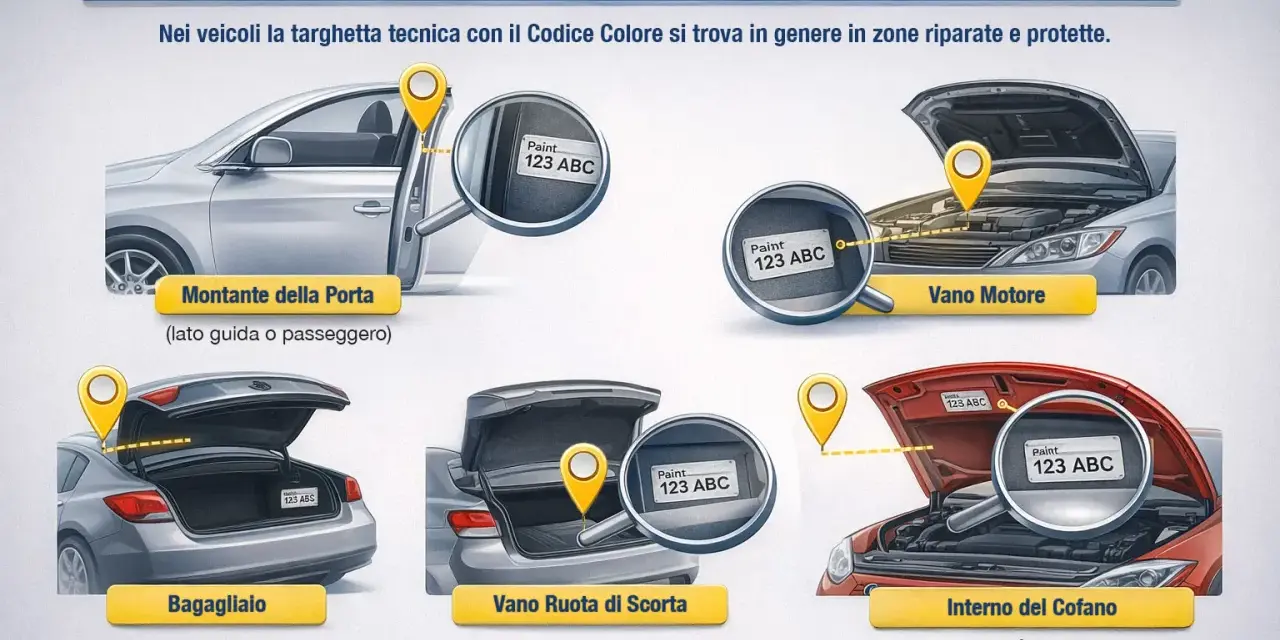 Trova il codice colore Toyota: montante porta, vano motore, bagagliaio, ruota di scorta o interno cofano.