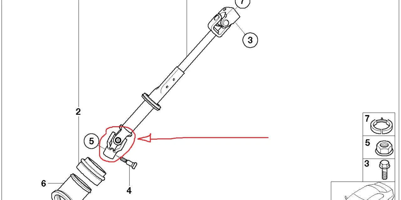 Giunto cardanico del piantone sterzo, parte essenziale per la trasmissione del movimento al volante.