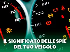 Cruscotto con spie rosse accese, tra cui batteria, ABS e controllo stabilità. Il testo indica "Il significato delle spie del tuo veicolo".
