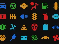 Icone colorate su sfondo nero: cruscotto auto, cambio, spie motore benzina, ABS, batteria, ruote, ecc.