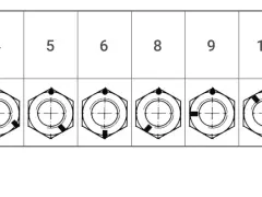 Tabella chiave bullone: disegni di dadi esagonali con diverse marcature, associate a numeri da 4 a 12.