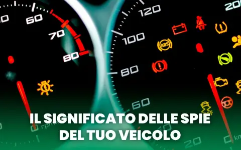 Cruscotto con spie rosse accese, tra cui batteria, ABS e controllo stabilità. Il testo indica "Il significato delle spie del tuo veicolo".