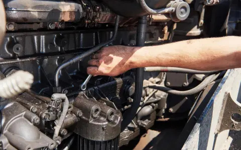 Mano con chiave inglese lavora su un motore sporco d'olio, forse per riparare cos'è l'alternatore.