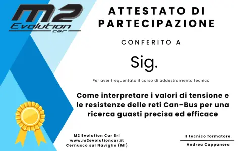 Attestato di partecipazione per corso tecnico su come interpretare i valori della linea can bus per ricerca guasti auto.