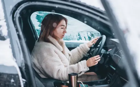 Donna al volante in un'auto coperta di neve, con le mani sul volante. Impara come guidare sulla neve in sicurezza.