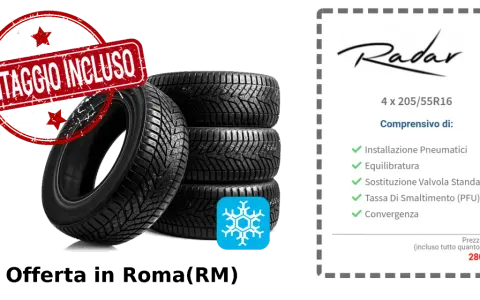 Offerta pneumatici invernali Radar con montaggio incluso. La freccia rotazione indica la possibilità di scegliere la direzione di montaggio. Prezzo 280€.